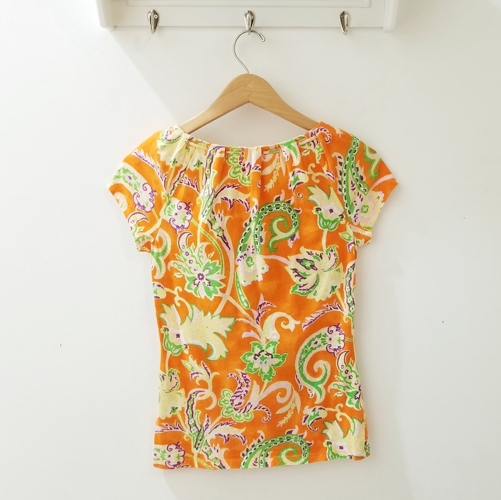 Lauren Ralph Lauren Cap Sleeve Cotton Top Orange Tropical Paisley Sz XS-S - Picture 14 of 14